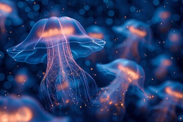 Fototapeta premium Bioluminescent jellyfish glowing in deep blue water. Captures the mysterious beauty of ocean life, ideal for educational and environmental projects