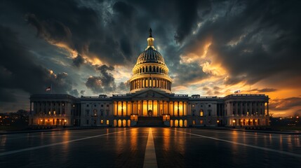 Dramatic Sky Over Government Building at Dusk. Capturing History and Power in Architecture. Perfect for Legal and Political Themes. AI