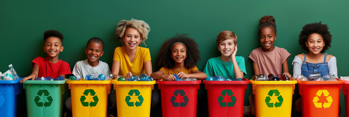 Diverse group of children recycling, promoting environmental responsibility. Ideal for educational content and green initiatives focused on youth involvement