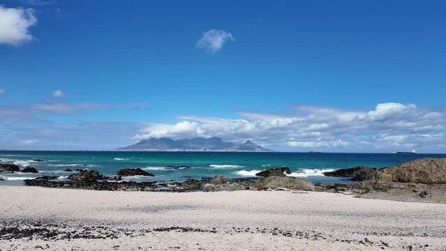 Bloubergstrand west coast South Africa.  19. 04. 2024. View of Cape Town and Table Mountain from the seaside resort of Bloubergstand   across Table Bay on the West Coast of South Africa.