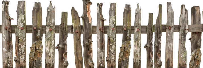 Weathered wooden fence, rustic and textured barrier with transparent background
