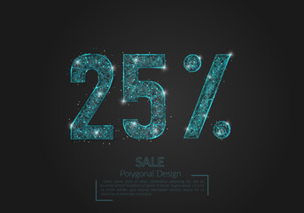 Abstract isolated blue 25 percent sale concept. Polygonal illustration looks like stars in the blask night sky in spase or flying glass shards. Digital design for website, web, internet. © Katsiaryna