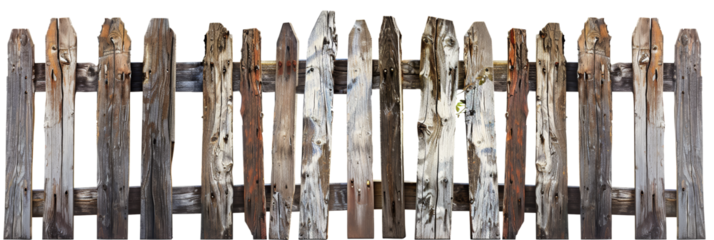 Weathered wooden fence panels with transparent background, symbol of rustic charm
