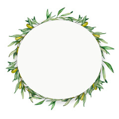 Wreath Frame. Watercolor Olive Twigs with Fruits, Leaves. White Background. For Packaging Design Cosmetics, Kitchen, Home Textiles, Invitations, Cafe Menus, Tableware, Stationery, Business Cards