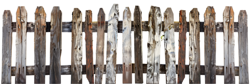 Weathered wooden fence panels with transparent background, symbol of rustic charm