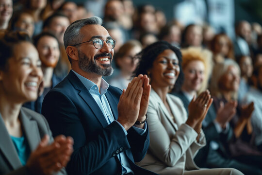 Joyful audience engagement at a seminar. The image captures a diverse group of people clapping, portraying enthusiasm and participation, ideal for use in event promotion and professional development.