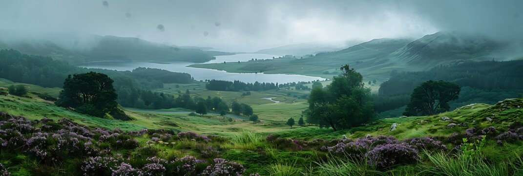 A common view of the Scottish landscape, Some purple heather flowers on a green lawn, a wide lake in the background and thick layer of fog, A scenic atmosphere and weather for a a summer road trip
