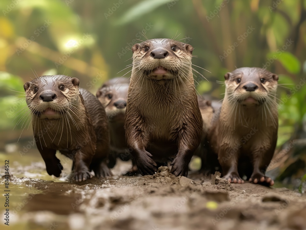 Wall mural A group of otters are standing in the mud, with one of them looking at the camera