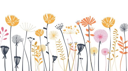 an artistic and colorful representation of dandelion flowers, each in various stages of bloom, with intricate details and dynamic movement.