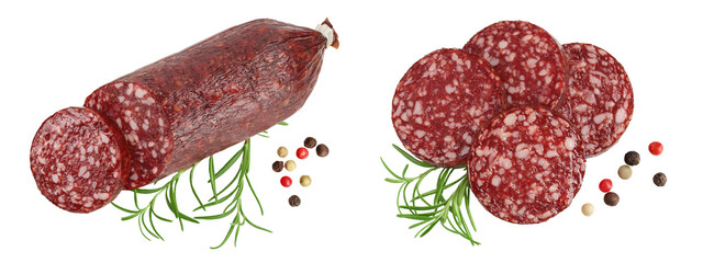 Smoked sausage salami with slices isolated on white background with  full depth of field. Top view....