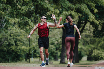 Fototapeta premium A man and woman celebrate their fitness goals by high-fiving during a run on a scenic outdoor track. They exhibit joy and teamwork in a natural setting.