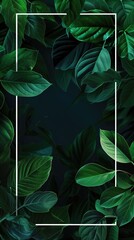 "Luminous Tropics: Neon Blue Light Frame Embracing Green Tropical Leaves on Dark Background