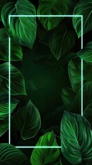 Glowing Rainforest: Neon Blue Frame Casting Light on Green Tropical Leaves Against Dark Backdrop