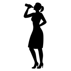 a realistic woman drink water from bottle full body top to bottom vector silhouette