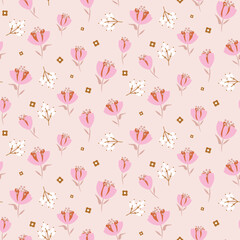 Pink tulips millefleur meadow tender pastel background color flowers tiny seamless pattern. Floral fabric design