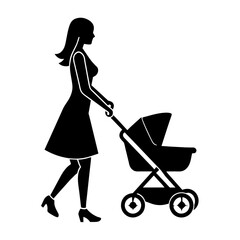 a woman walking with her baby sitting on the baby wheel car vector silhouette