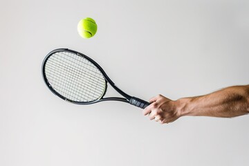Hand holding racket hitting tennis ball on white background