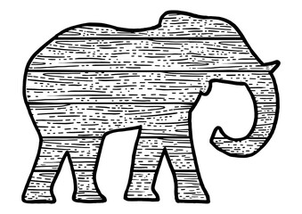 wooden elephant animal silhouette sketch engraving PNG illustration. T-shirt apparel print design. Scratch board imitation. Black and white hand drawn image.