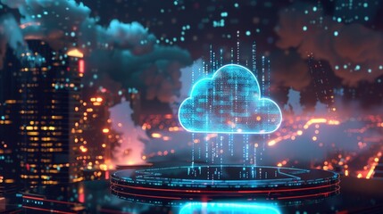 A mesmerizing 3D-rendered cloud storage icon radiating a captivating blue light.