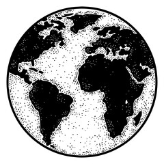 planet Earth globe sketch engraving PNG illustration. T-shirt apparel print design. Scratch board imitation. Black and white hand drawn image.