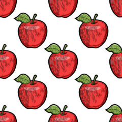 Apple fruit color seamless pattern background sketch engraving PNG illustration. T-shirt apparel print design. Scratch board imitation. Black and white hand drawn image.