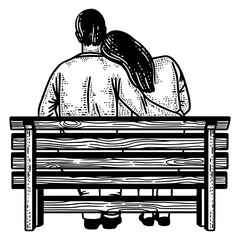 couple in love sits on a bench sketch engraving PNG illustration. T-shirt apparel print design. Scratch board imitation. Black and white hand drawn image.