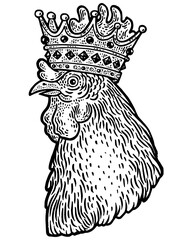 rooster in the crown sketch engraving PNG illustration. T-shirt apparel print design. Scratch board imitation. Black and white hand drawn image.