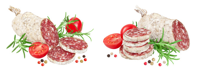 Cured salami sausage slices isolated on white background. Italian cuisine with full depth of field