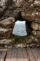 View of Buildings on the Hillside from a Rock Window in the Moorish Castle in Sintra Portugal