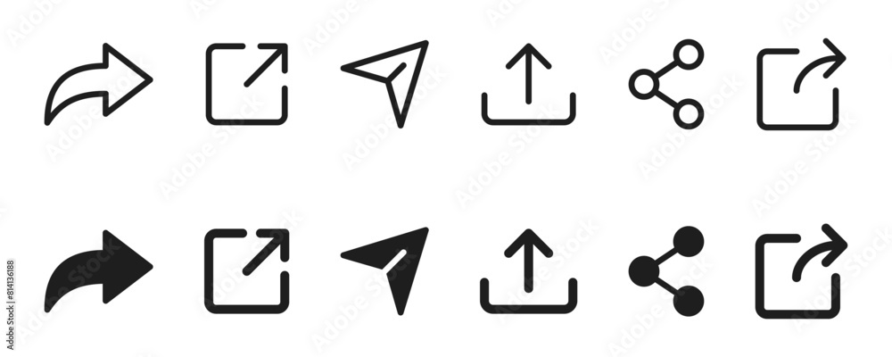 Poster Share icon set. Arrow symbol, Reply send forward icons button. Send message icon. External Link Icon. Upload icon. Connection symbol - network sharing icon