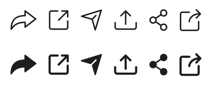 Share icon set. Arrow symbol, Reply send forward icons button. Send message icon. External Link Icon. Upload icon. Connection symbol - network sharing icon