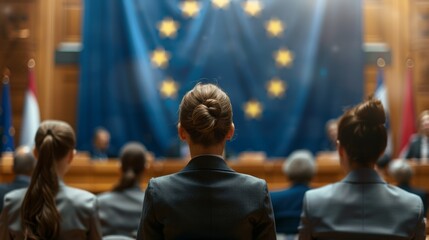 woman lawyer standing in an european union trial. 
