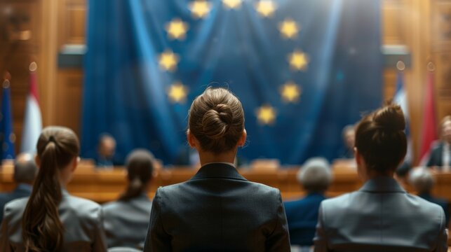 woman lawyer standing in an european union trial. 
