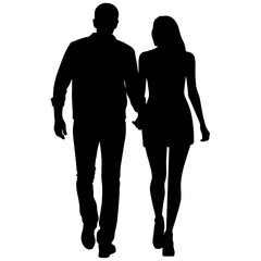 Couple of young guy and girl are walking with keep hand on other person modern pose vector silhouette