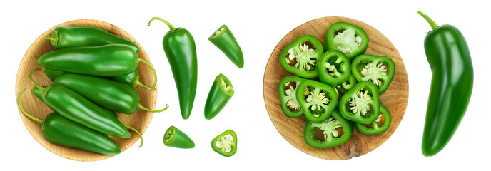 jalapeno pepper in wooden bowl isolated on white background. Green chili pepper . Top view. Flat lay