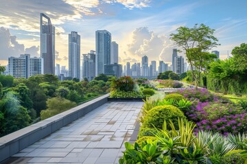 Fototapeta premium Bird's eye view of urban landscape from tower with verdant rooftop oasis
