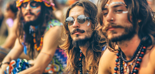 Hippies with long locks, mustaches and beards, sitting and bathed in warm light.