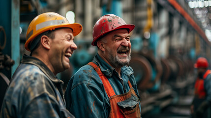 happy workers at factory wearing helmet