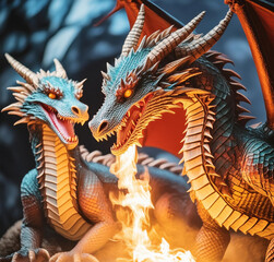 Fototapeta premium two dragons with flames coming out of them, one of which is burning.