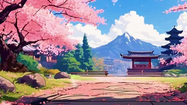 Cherry blossom petals gently falling in a traditional Japanese garden, 2D flat Japanese anime-style 4k lofi hip-hop bites landscape music background animation video