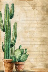 Cactuses in pots on old paper background with space for text