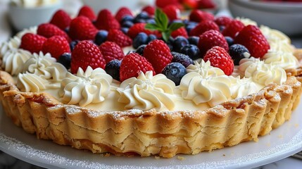   A close-up shot of a pie on a plate, topped with juicy berries and fluffy whipped cream, with the remaining pie in focus behind