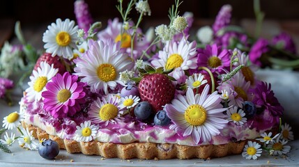   A close-up of a cake adorned with flowers and strawberries on a table filled with blueberries and...