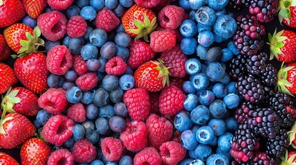   A mixed pile of blueberries, raspberries, and strawberries on a white surface next to each other