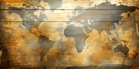 Vintage world map on wooden background with grunge textures Mercators Projection. Concept Vintage, World Map, Wooden Background, Grunge Textures, Mercator's Projection