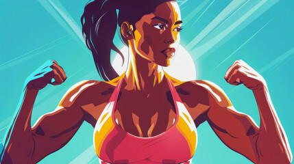 ai generative illustration of a dark skinned fitness woman well trained, showing muscles
