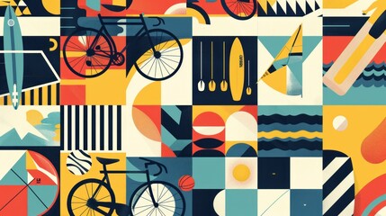 A retro Bauhaus-inspired geometric pattern featuring elements of summer sports, perfect as a dynamic and stylish background design.

