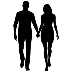 Couple of young guy and girl are walking with keep hand on other person modern pose vector silhouette