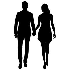 Couple of young guy and girl are walking with keep hand on other person modern pose vector silhouette