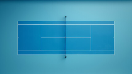 A blue tennis court with a blue net and a blue line